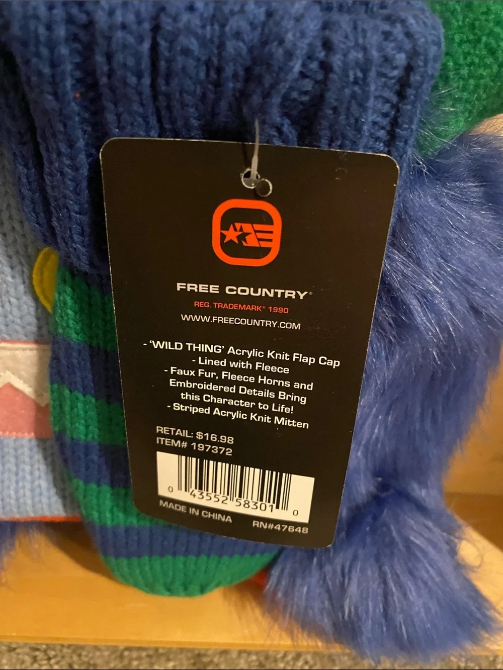 Free Country Kids Blue Furry Monster Hat with Green Horns and Striped Mitten